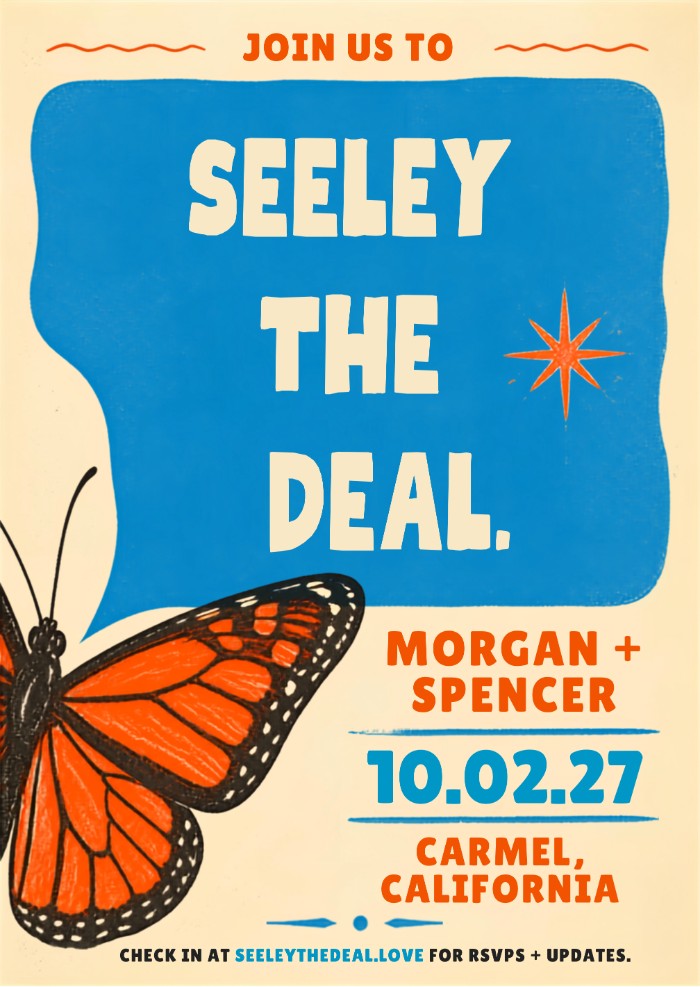 Fridge-sized save the date: Morgan + Spencer, 10.02.27, Carmel, California.